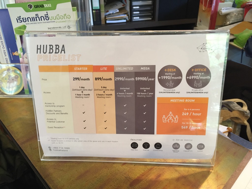 バンコクのエカマイ駅から徒歩15分ほどにあるコワーキングHUBBAの利用料金