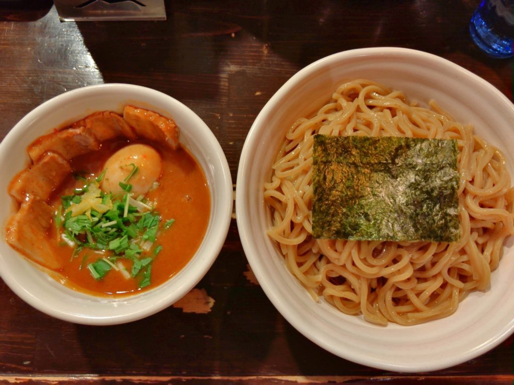 つけ麺えん寺吉祥寺総本店のベジポタ辛つけ麺(肉・味玉入り)大盛り(1,200円)極太胚芽麺